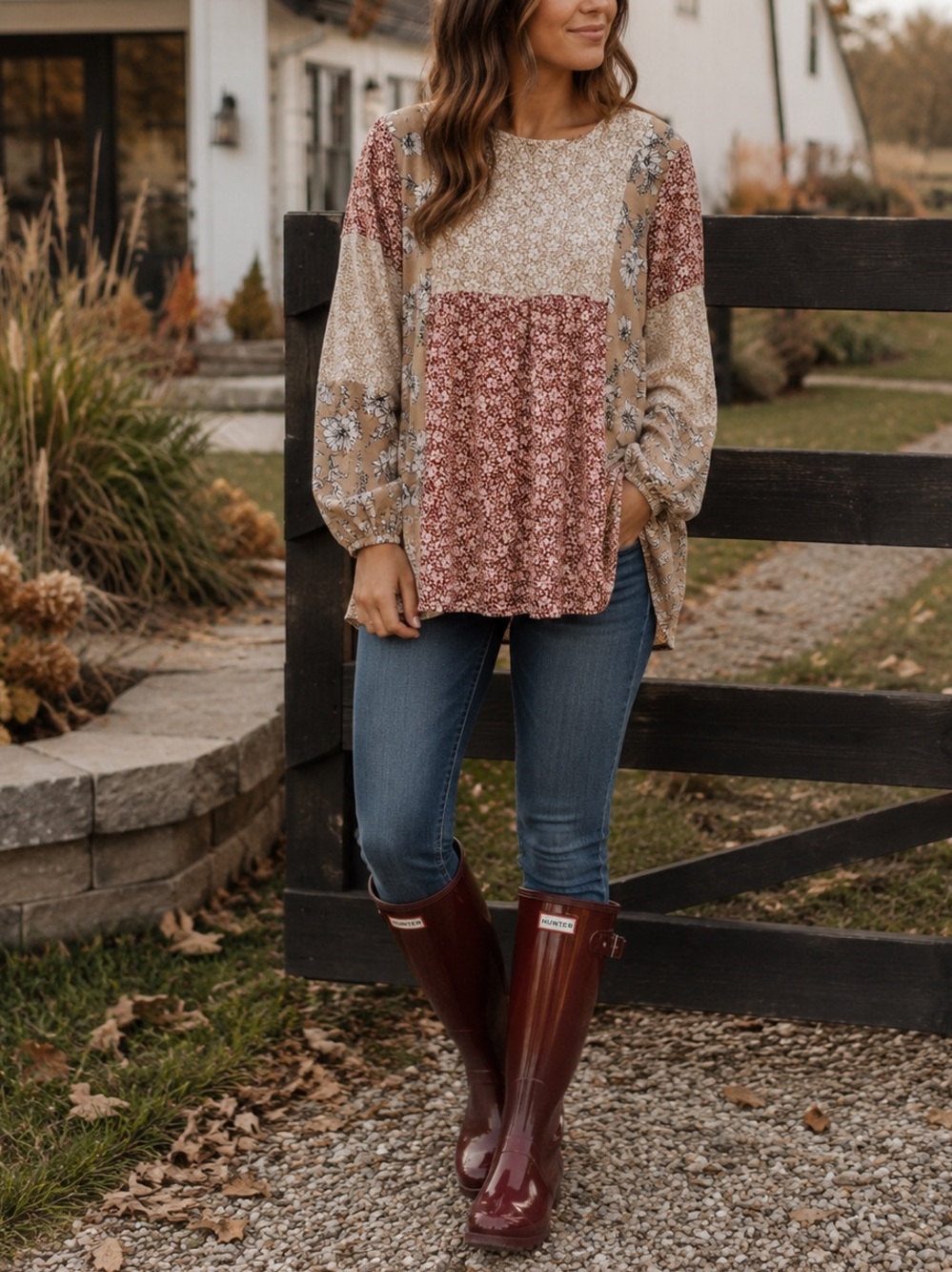 🍂CES FEMME Cottage Core Boho Patchwork Floral Peasant Top - Rust & Beige - Small